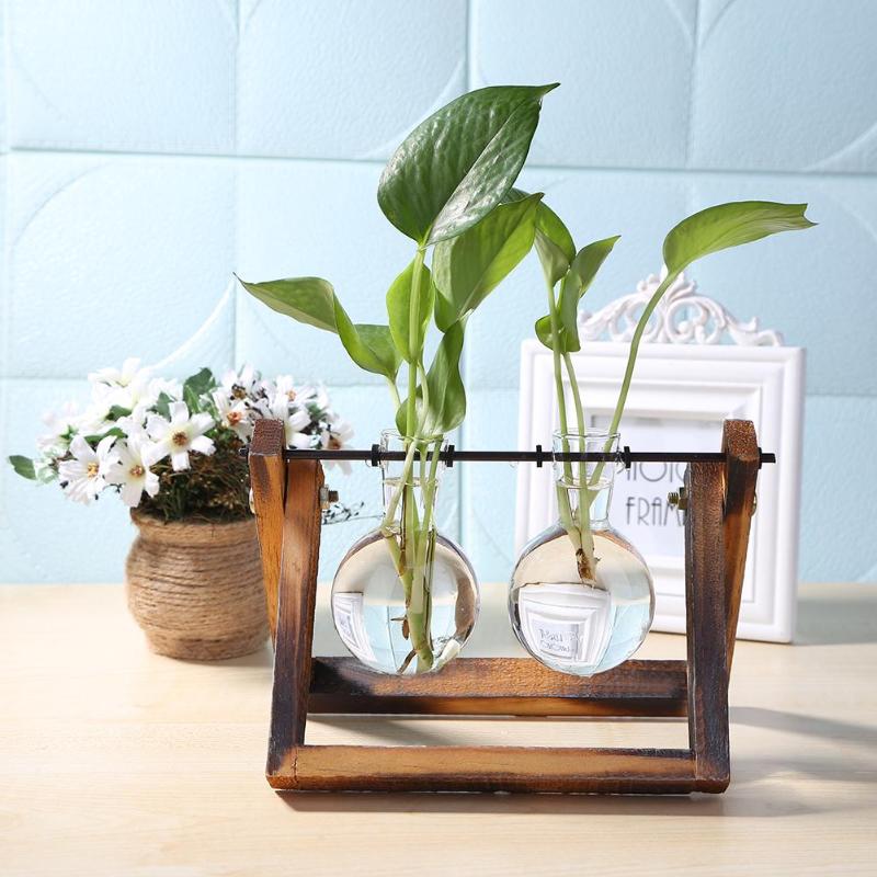 Tabletop Glass and Wood Vase Planter