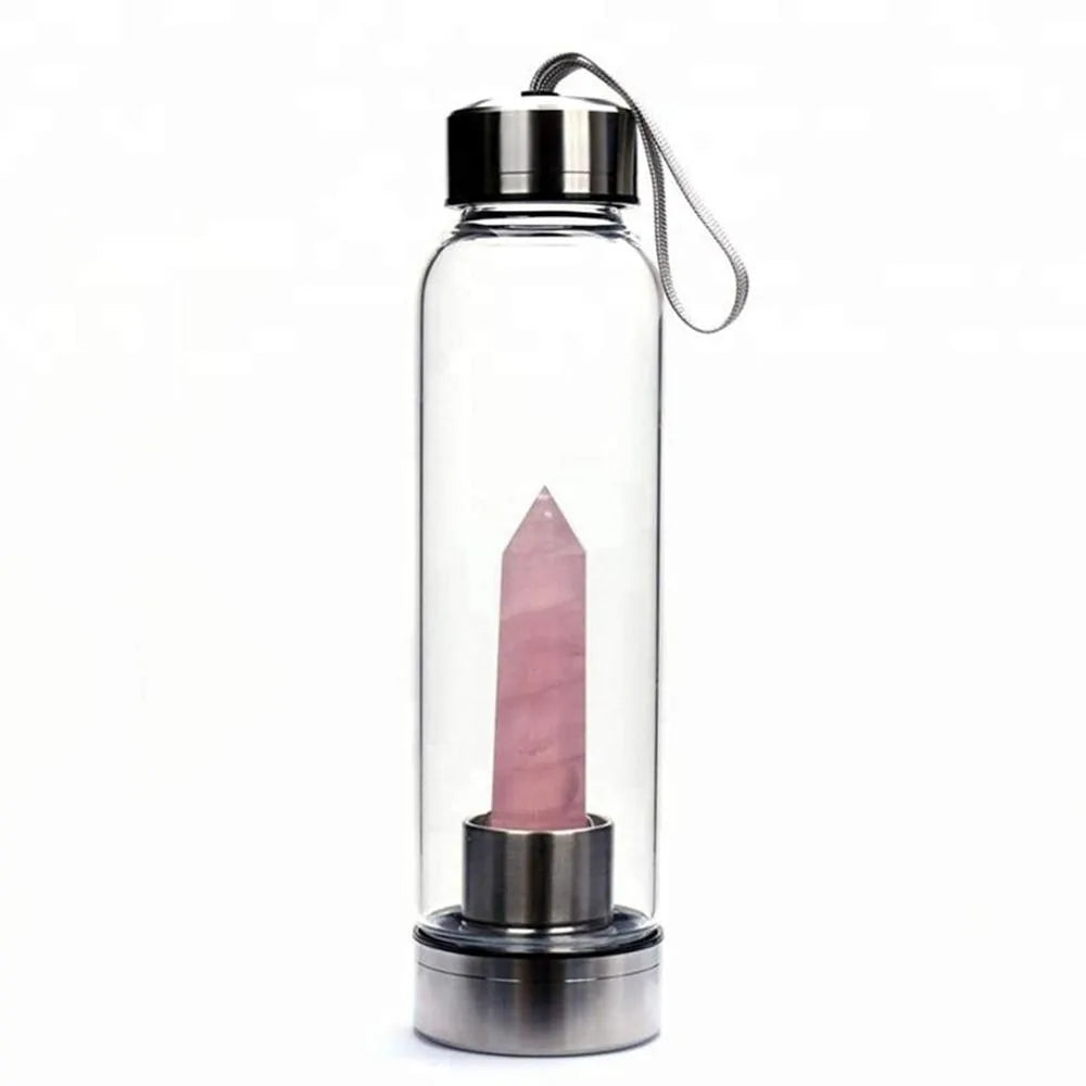 Natural Gemstone Glass Water Bottle - Rose Quartz - Conscious Shopping